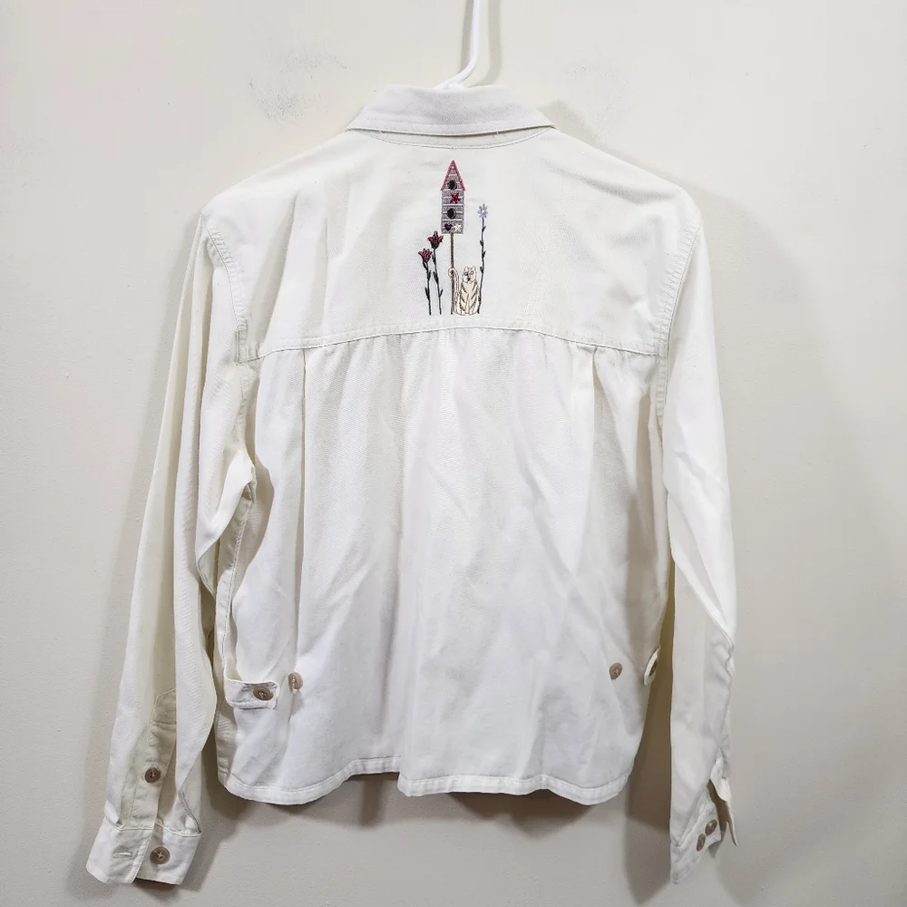 Vintage Christopher & Banks embroidered cat & birds button front shirt jacket XL - Picture 3 of 9